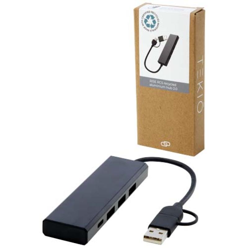 Hub USB 2.0 de aluminio reciclado con certificación RCS "Rise"