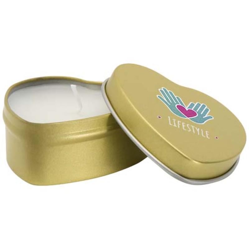 Vela con forma de corazón y aroma de vainilla en caja metálica "Blissful"