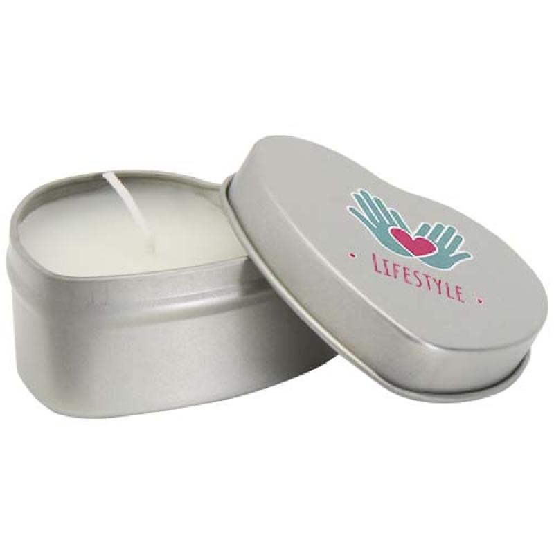 Vela con forma de corazón y aroma de vainilla en caja metálica "Blissful"