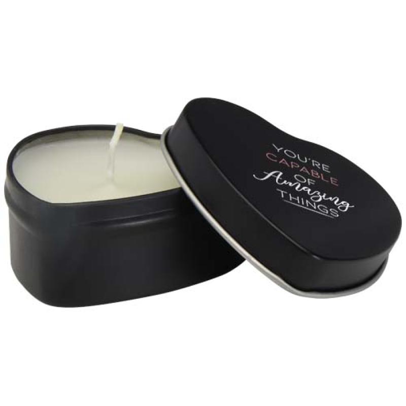 Vela con forma de corazón y aroma de vainilla en caja metálica "Blissful"
