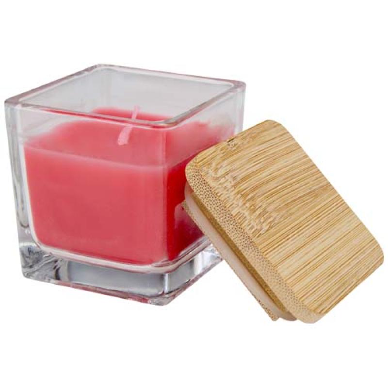 Vela cuadrada en soporte de vidrio con tapa de bambú "Ambra"