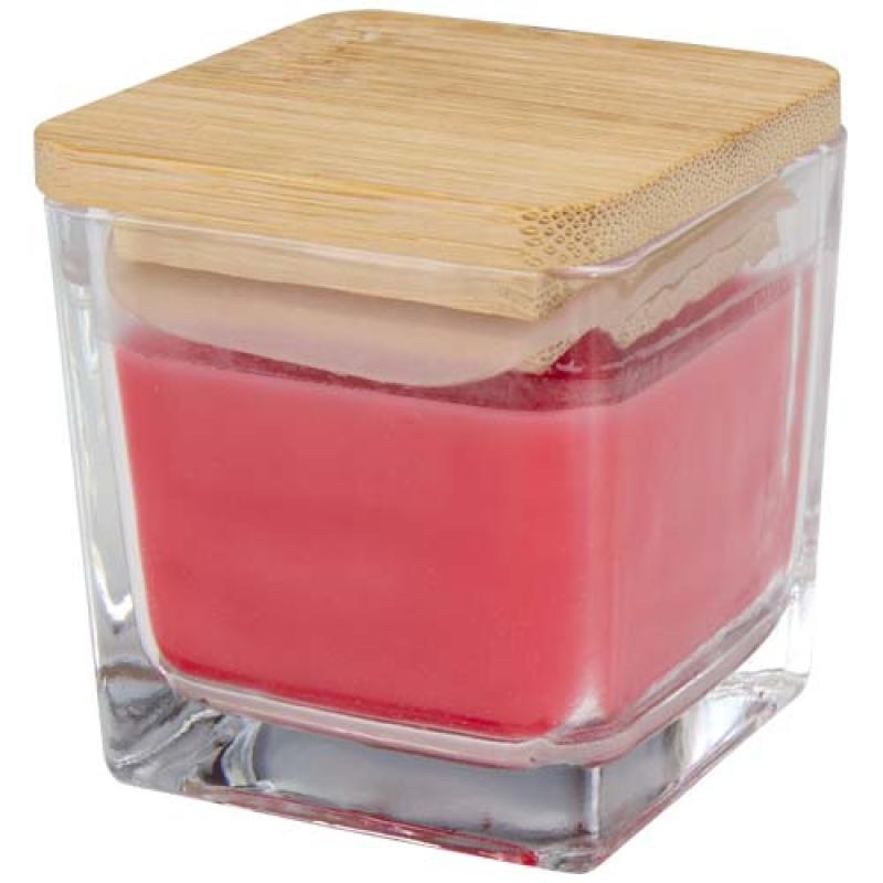 Vela cuadrada en soporte de vidrio con tapa de bambú "Ambra"