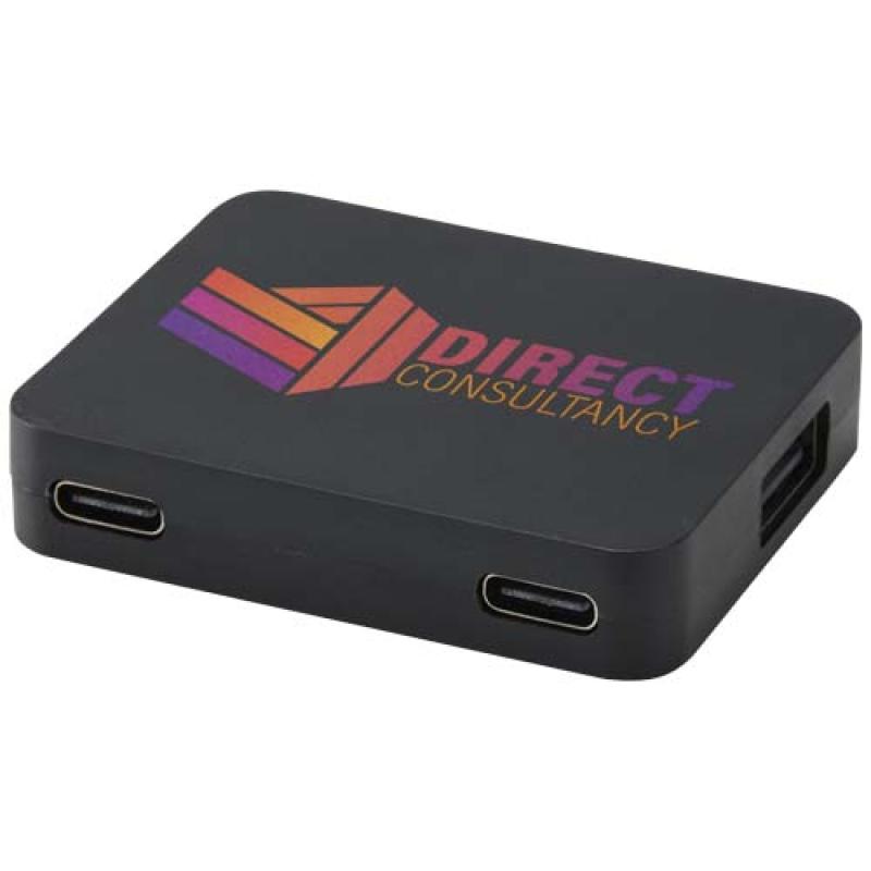 Hub USB de 4 puertos con salida USB-A y tipo-C y doble entrada fabricado con plástico reciclado "Gaia"