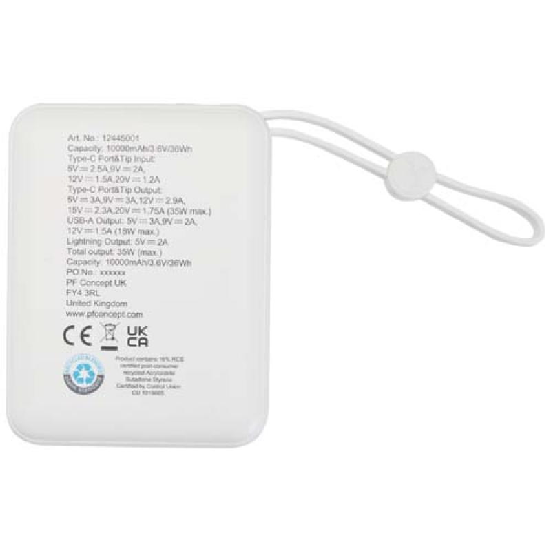 Batería externa para tableta de 10 000 mAh y 35 W con cable tipo C integrado y fabricada con plástico reciclado "Acrux"