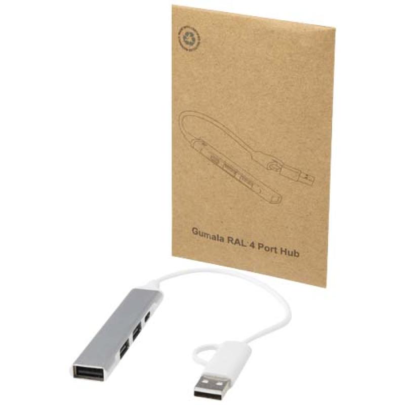 Hub USB-A y tipo-C de 4 puertos de aluminio reciclado con doble entrada "Alkaid"