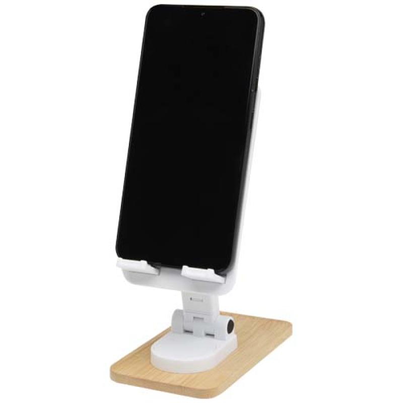 Soporte para teléfono de sobremesa plegable de plástico reciclado con detalles de bambú "Alfirk"