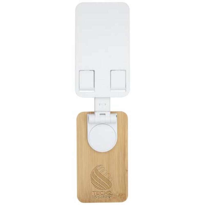 Soporte para teléfono de sobremesa plegable de plástico reciclado con detalles de bambú "Alfirk"