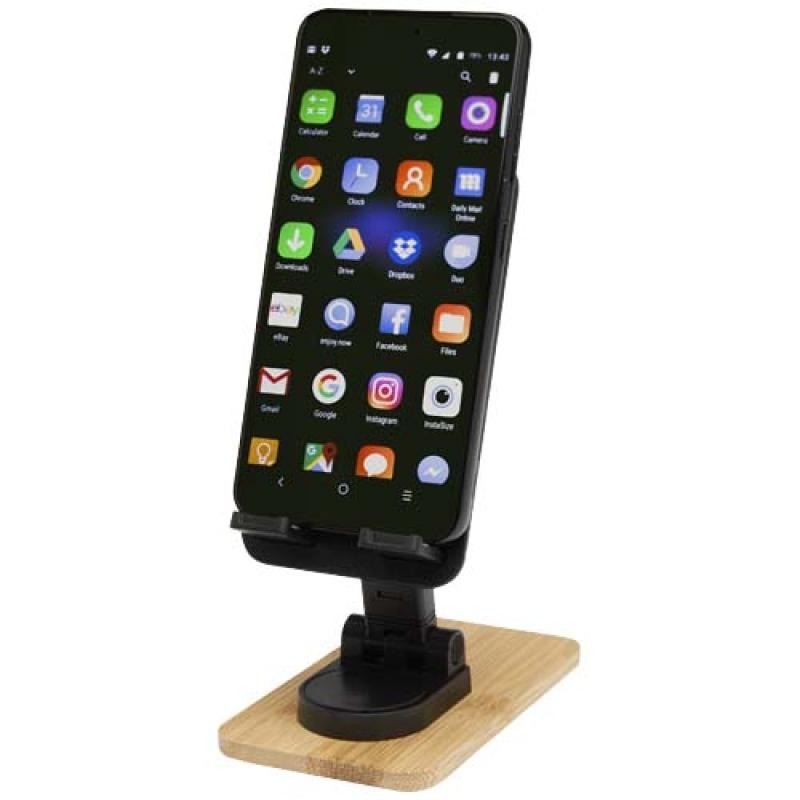 Soporte para teléfono de sobremesa plegable de plástico reciclado con detalles de bambú "Alfirk"