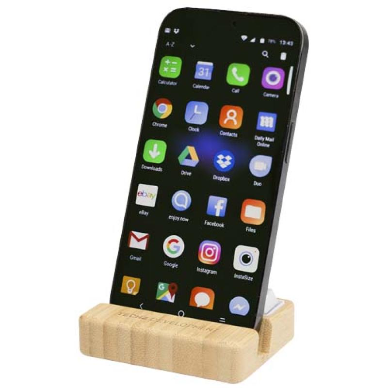 Soporte para teléfono de plástico reciclado con juguete y detalles de bambú "Algol"