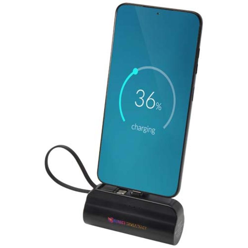 Batería externa tipo-C de plástico reciclado de 5000 mAh y 10 W con soporte abatible incorporado y cable 2 en 1 "Alnair"