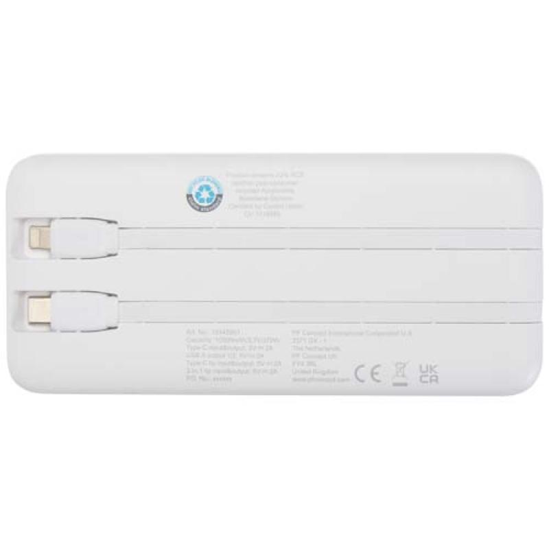 Batería externa de plástico reciclado de 10 000 mAh y 10 W con 2 cables integrados "Adhil"