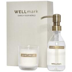 Dispensador de jabón de manos de 250 ml y juego de velas aromáticas de 150 g con fragancia de lino fresco "Wellmark Discovery"