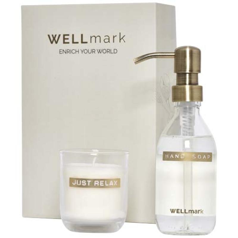 Dispensador de jabón de manos de 250 ml y juego de velas aromáticas de 150 g con fragancia de lino fresco "Wellmark Discovery"
