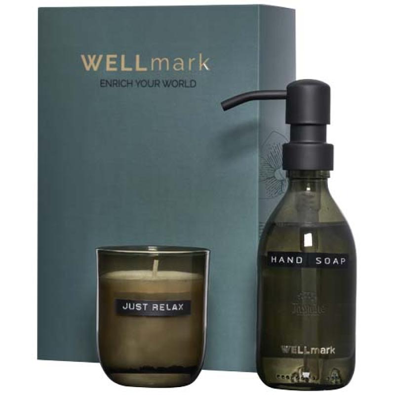 Dispensador de jabón de manos de 250 ml y juego de velas aromáticas de 150 g con fragancia de lino fresco "Wellmark Discovery"