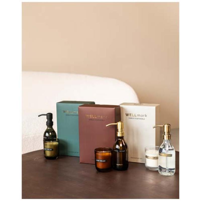 Dispensador de jabón de manos de 250 ml y juego de velas aromáticas de 150 g con fragancia de lino fresco "Wellmark Discovery"