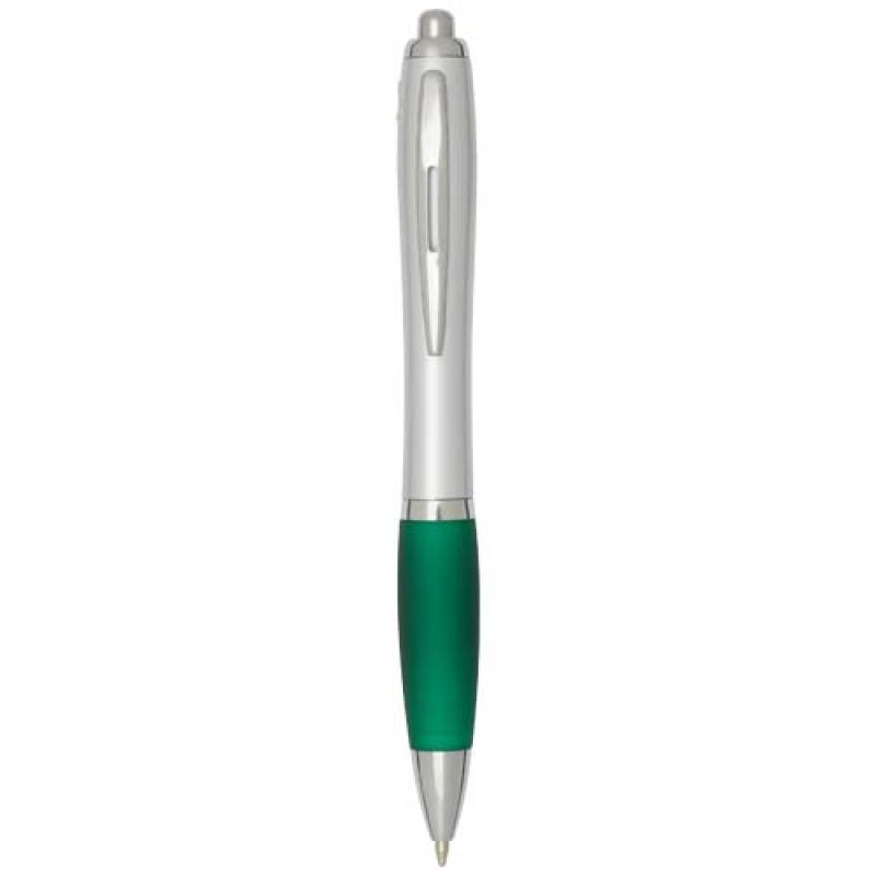Bolígrafo de plástico reciclado con certificado RCS, cuerpo plateado y empuñadura de color (tinta negra) "Nash"