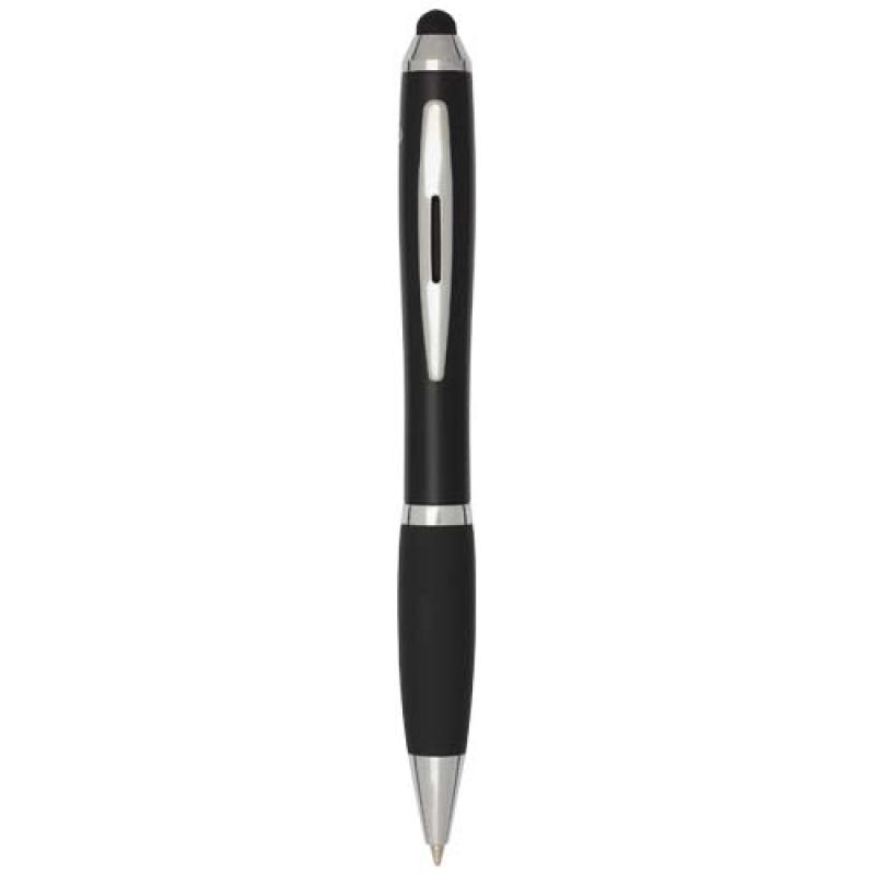 Bolígrafo de plástico reciclado con certificado RCS, stylus, cuerpo de color y empuñadura negra (tinta azul) "Nash"