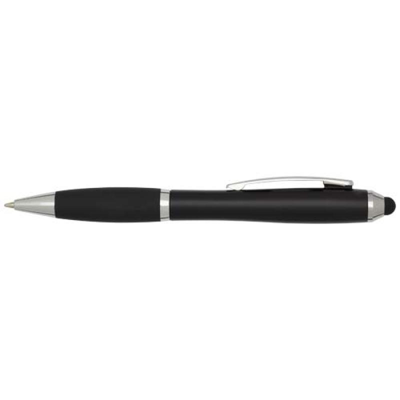 Bolígrafo de plástico reciclado con certificado RCS, stylus, cuerpo de color y empuñadura negra (tinta negra) "Nash"
