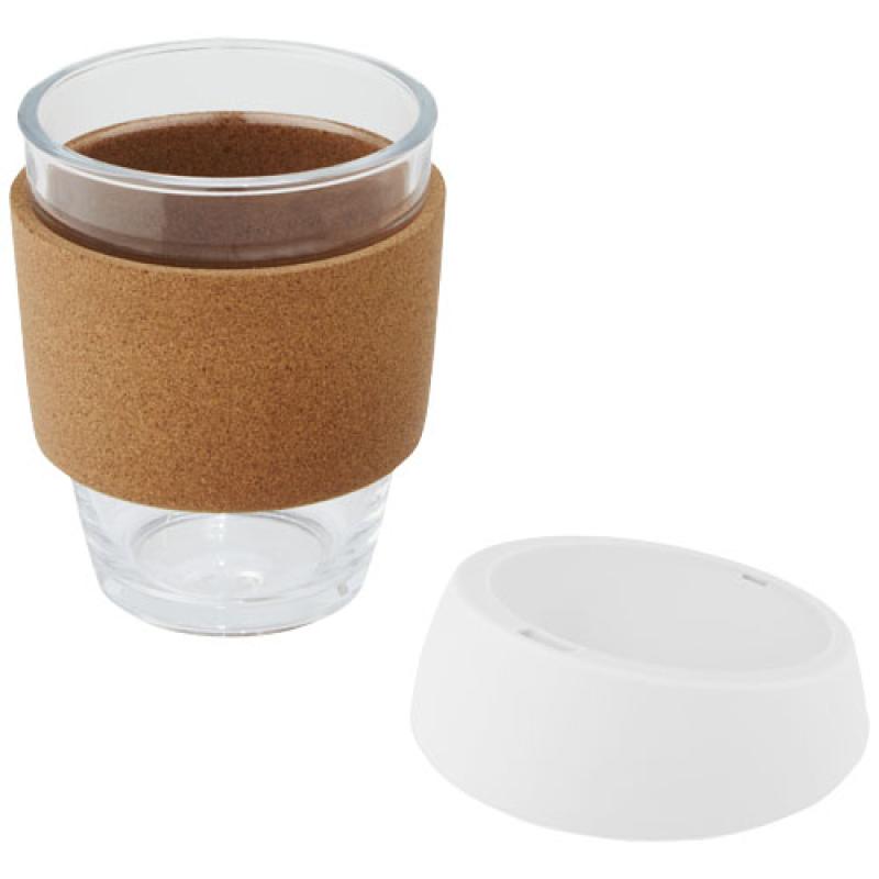 Vaso de vidrio borosilicato de 360 ml con agarre de corcho y tapa de silicona "Lidan"