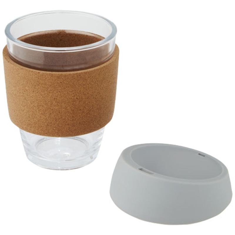 Vaso de vidrio borosilicato de 360 ml con agarre de corcho y tapa de silicona "Lidan"