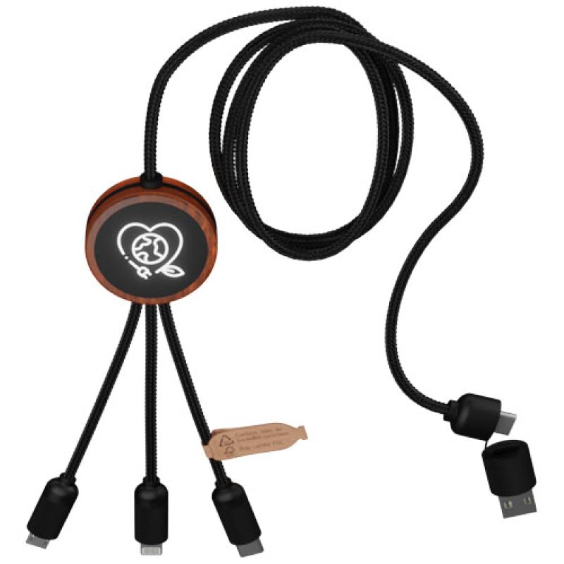 Cable de carga 5 en 1 de PET reciclado con logo retroiluminado y estuche redondo de madera "SCX.design C37"