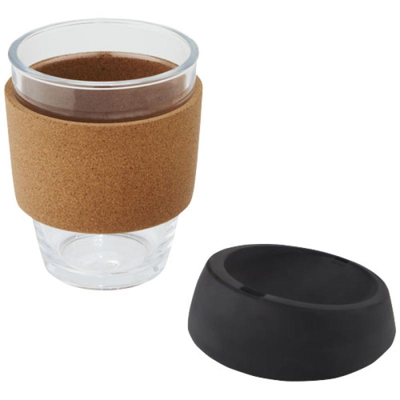 Vaso de vidrio borosilicato de 360 ml con agarre de corcho y tapa de silicona "Lidan"