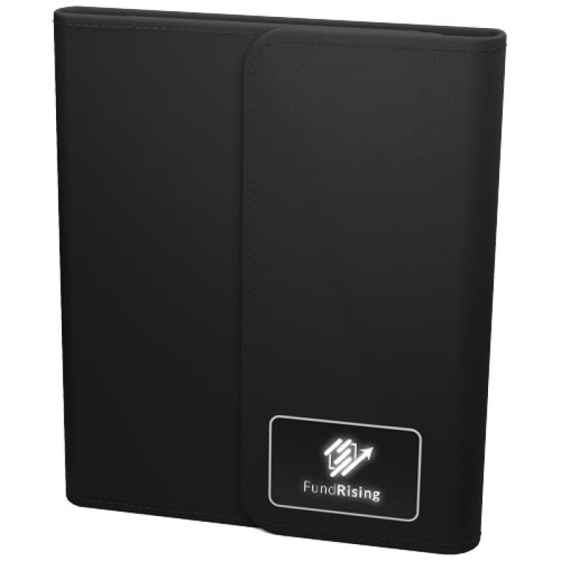 Libreta A5 con batería externa inalámbrica de 5 W y 4000 mAh y logotipo retroiluminado "SCX.design O18"