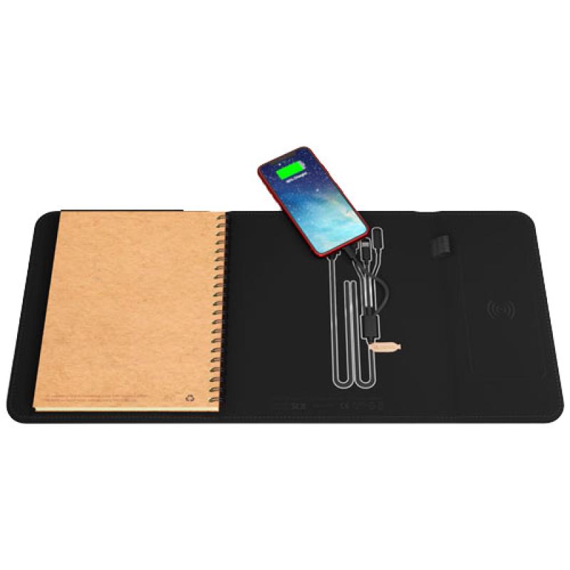 Libreta A5 con batería externa inalámbrica de 5 W y 4000 mAh y logotipo retroiluminado "SCX.design O18"