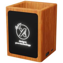 Soporte para lápices de madera con logotipo retroiluminado y doble salida USB "SCX.design O12"