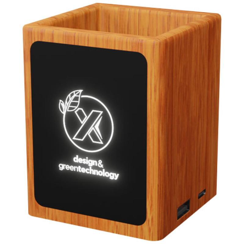 Soporte para lápices de madera con logotipo retroiluminado y doble salida USB "SCX.design O12"