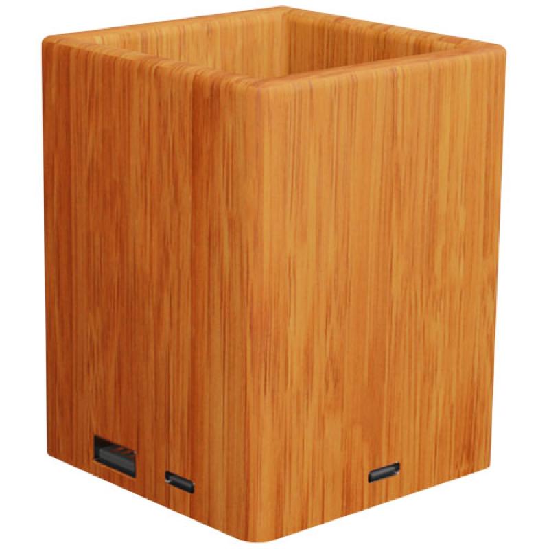Soporte para lápices de madera con logotipo retroiluminado y doble salida USB "SCX.design O12"