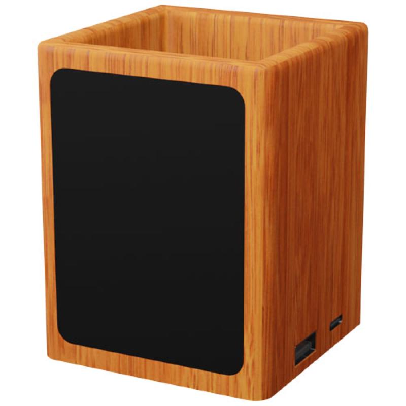 Soporte para lápices de madera con logotipo retroiluminado y doble salida USB "SCX.design O12"