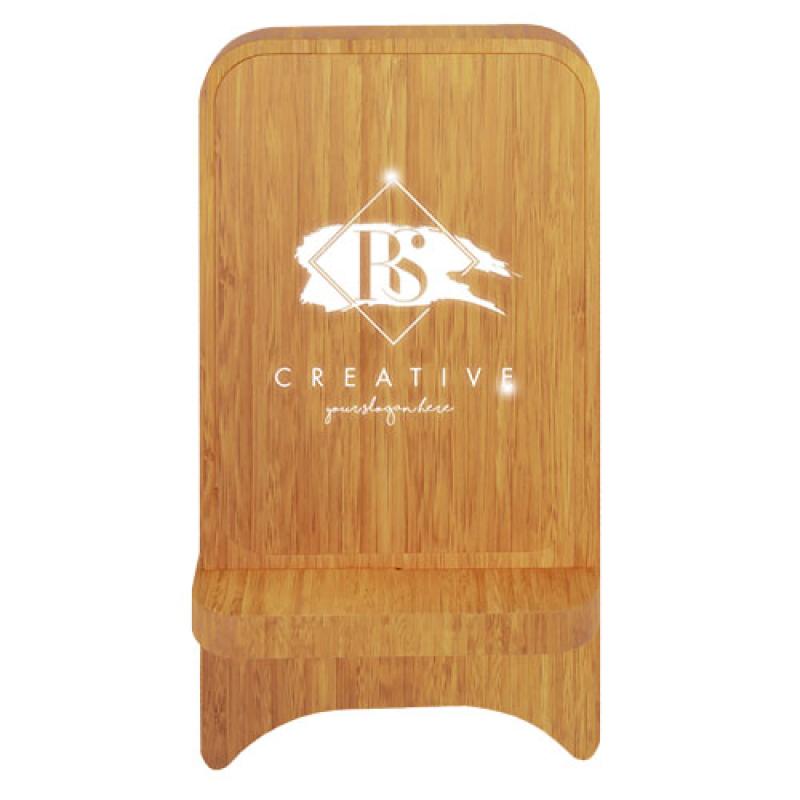 Soporte para teléfono con cargador inalámbrico de madera de 10W con logotipo retroiluminado "SCX W26"