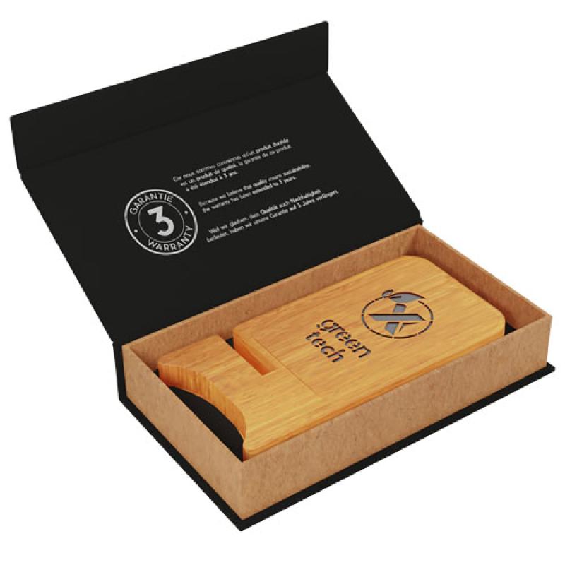 Soporte para teléfono con cargador inalámbrico de madera de 10W con logotipo retroiluminado "SCX W26"